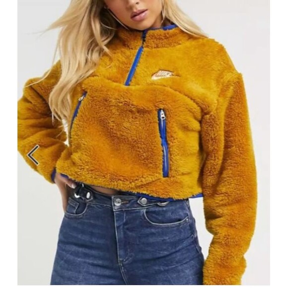 Nike Sportswear Quarter Zip Sherpa Plush Fleece Pullover Women Small Yellow Gold - Picture 1 of 10